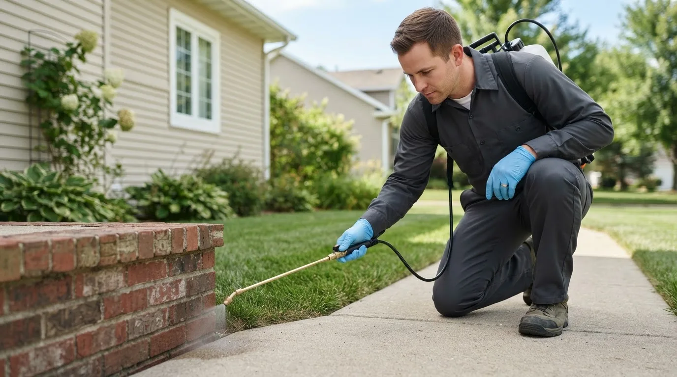 Pest control technician treating a home near Putnam, OK